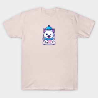 Cute Cat Wearing Hat And Scarf With Hand Peace Cartoon T-Shirt